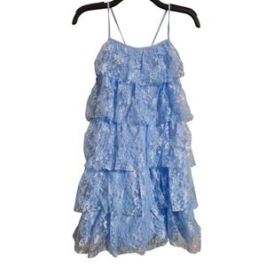 Idem Ditto Ruffled Lace Mini Dress Light Blue Party Cocktail Tiered Size M NWT